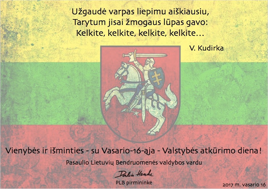 Pasaulio lietuvių bendruomenės pirmininkės sveikinimas