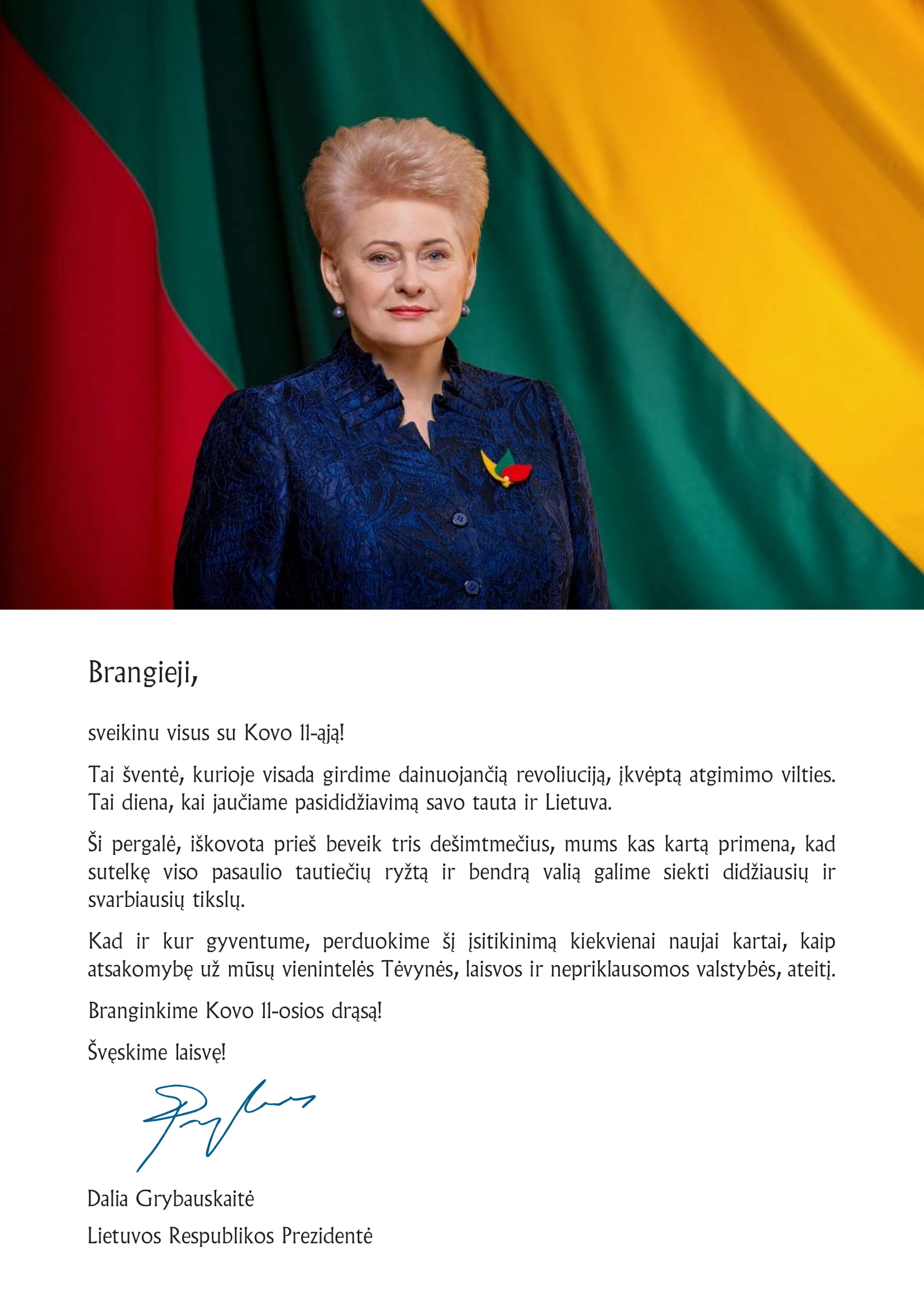 Lietuvos Respublikos Prezidentės sveikinimas
